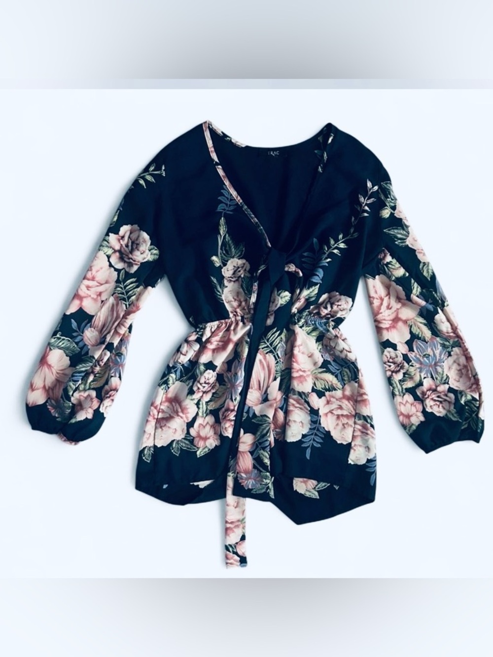 Navy Floral Tie-Front Romper with Puff Sleeves - Picture 2 of 3